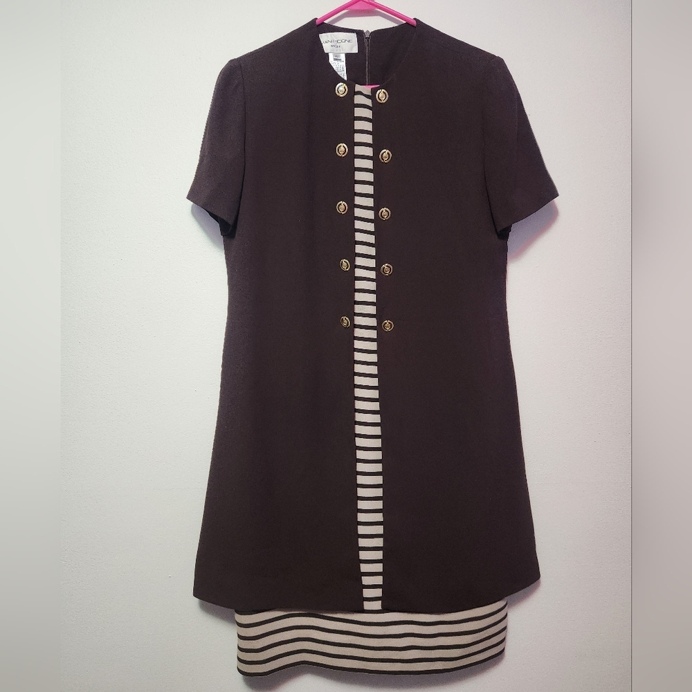 EVAN PICONE Vintage Women's Dress Black Brown 1980s Sleeve Knee Length Size 10